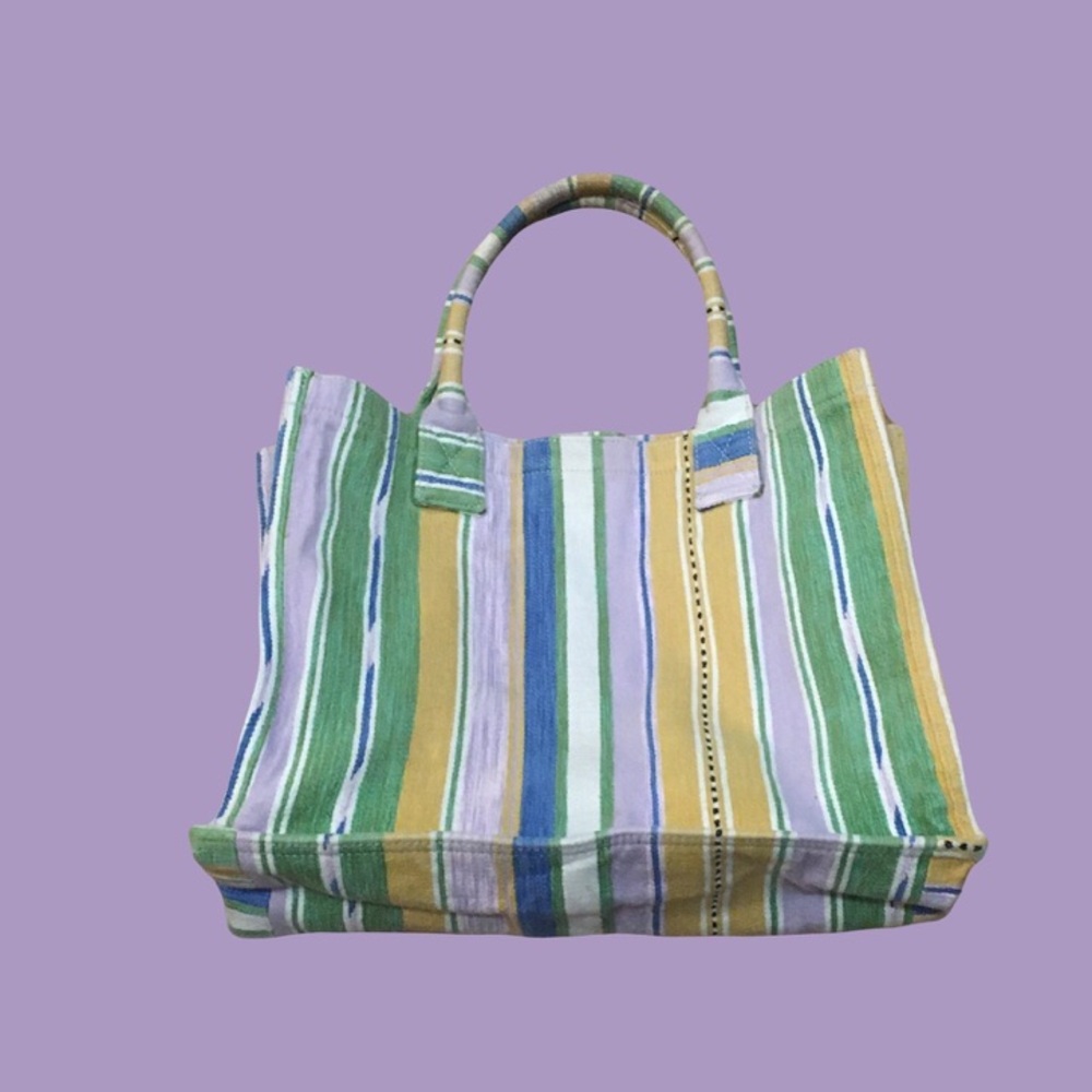 SANDRO Bag Striped Pastel Large Tote Purple Yellow White Blue Green - Picture 3 of 4